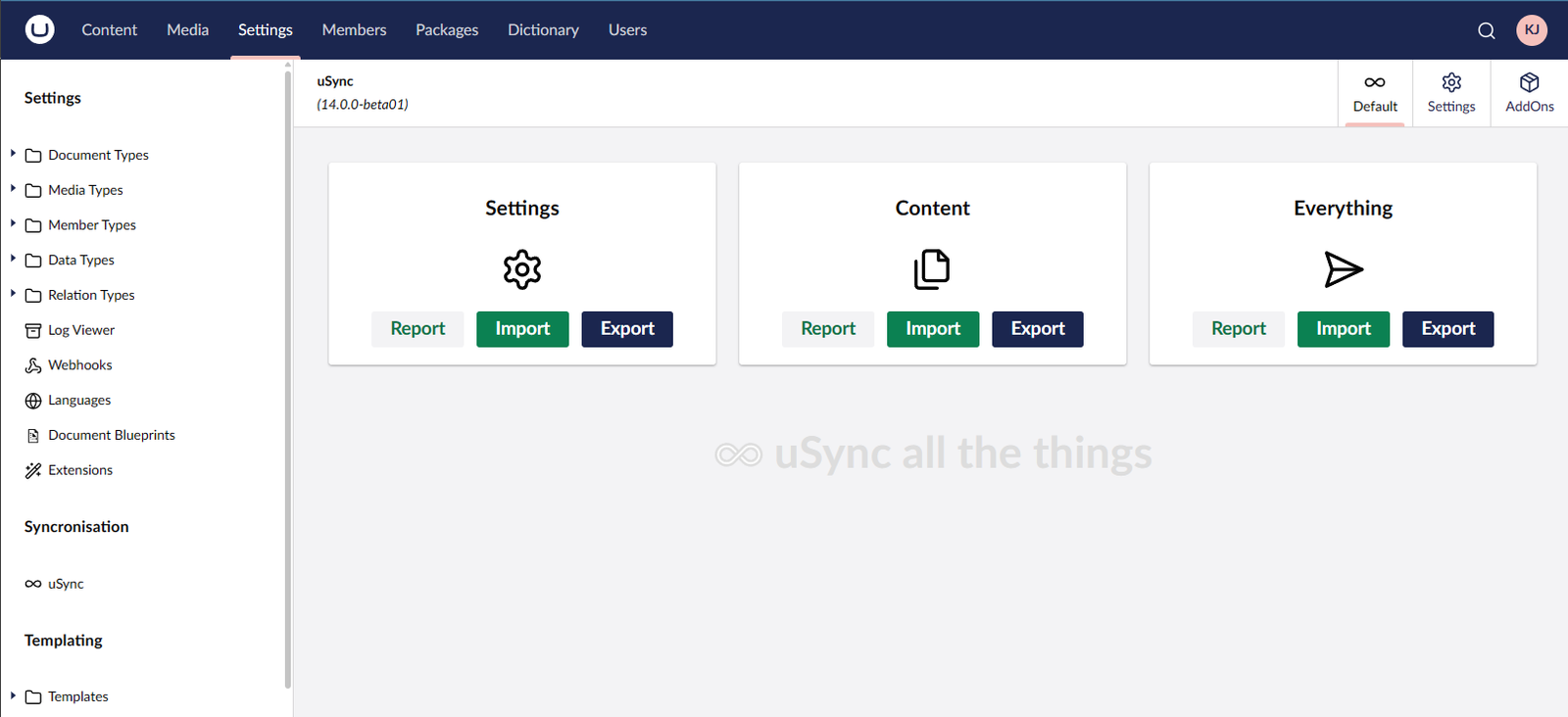 uSync v14 dashboard.